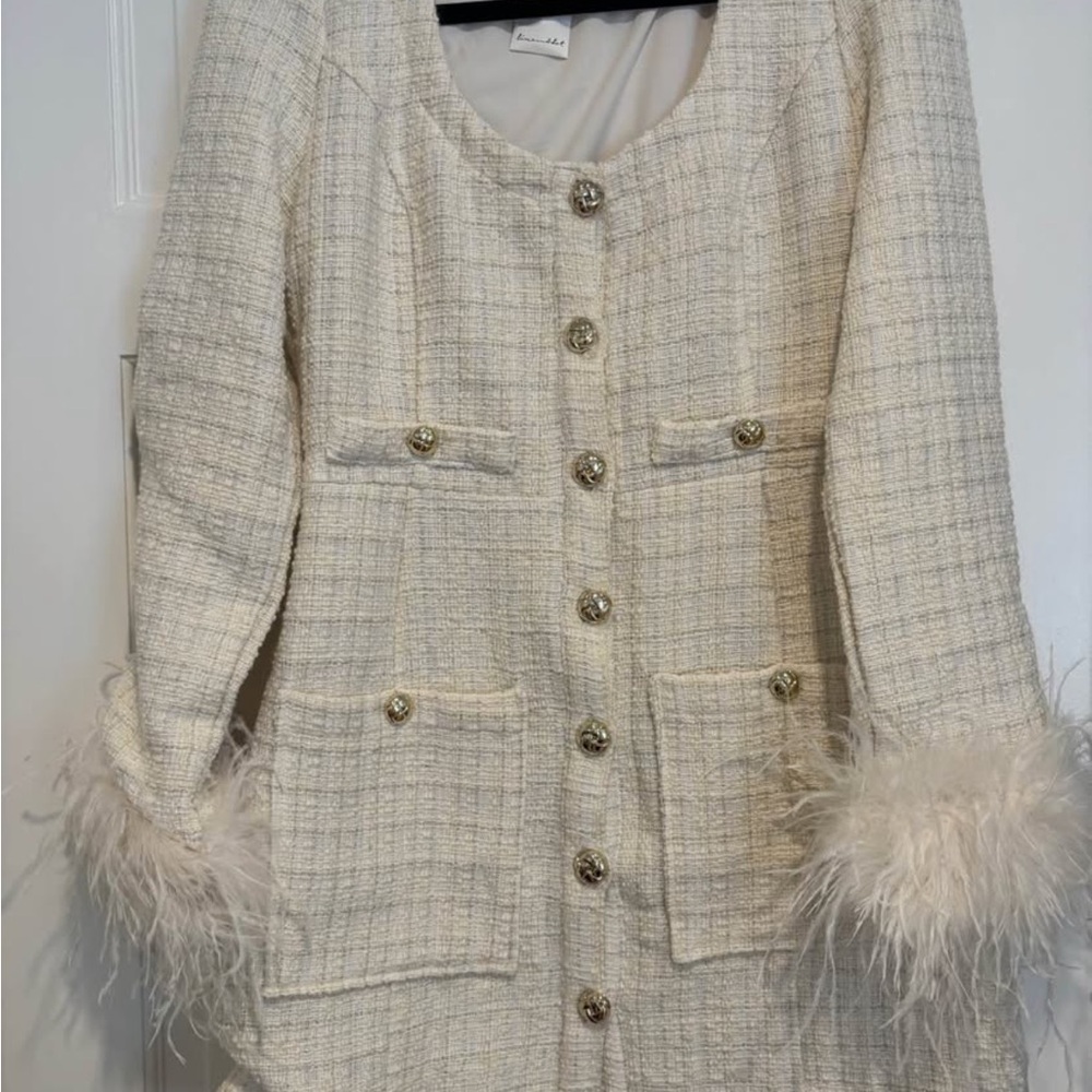 Chic Cream Tweed Mini Dress with Feather Accents